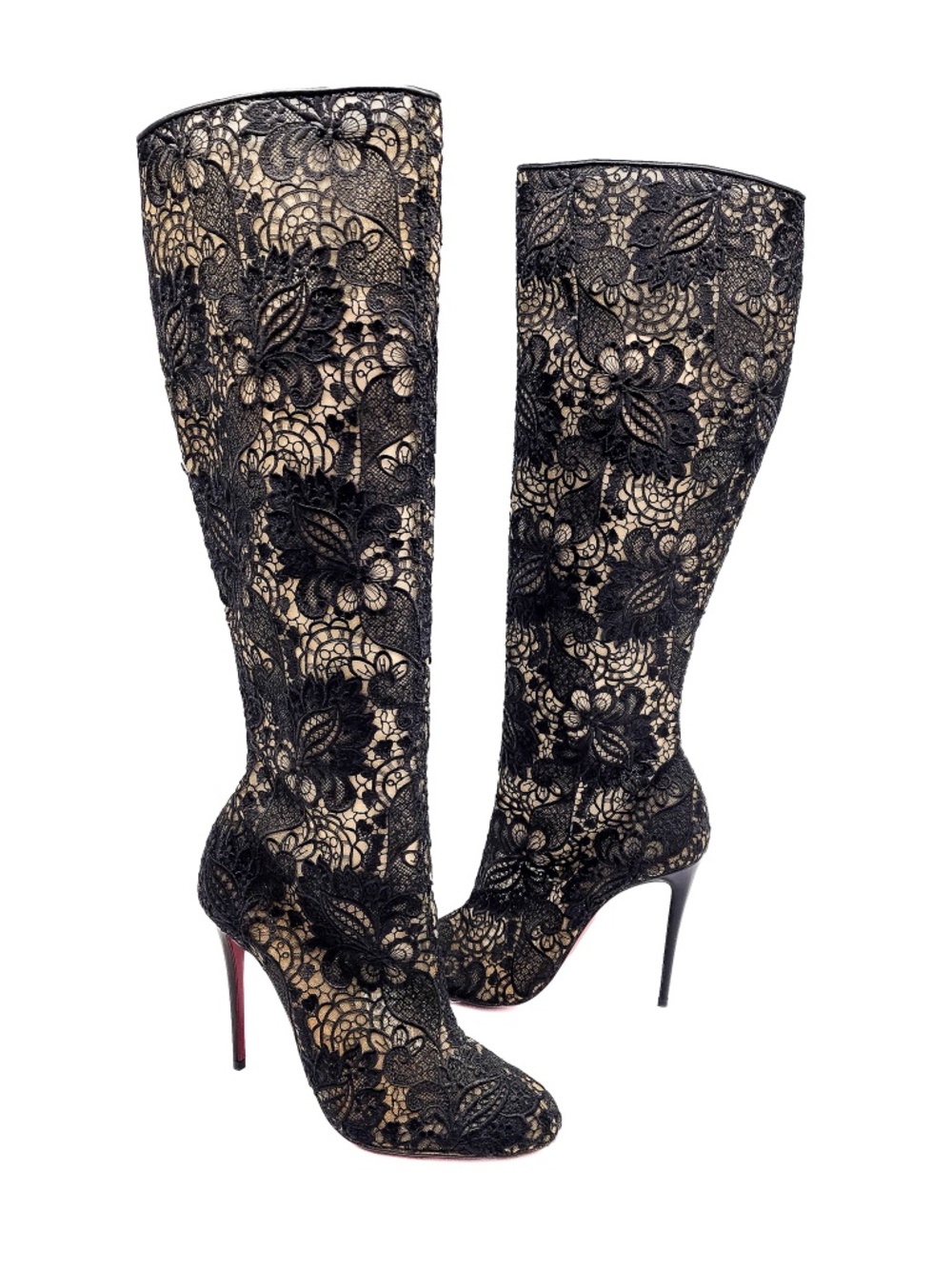 Christian Louboutin Black Lace Knee High Heeled Boots EU 38